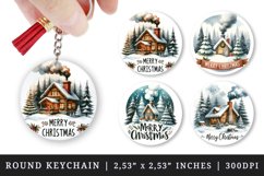 Watercolor cute cozy cabin chimney with smoke snowy trees Merry Christmas quote New Year winter print round keychain keychains sublimation design