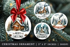 Watercolor cute cozy cabin chimney with smoke snowy trees Merry Christmas quote New Year winter print round ornament ornaments sublimation design