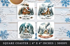 Watercolor cute cozy cabin chimney with smoke snowy trees Merry Christmas quote New Year winter print square coaster mug coasters sublimation design