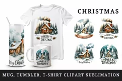 Watercolor cute cozy cabin smoke Merry Christmas quote New Year winter print 20 oz tumbler skinny mug wrap clipart t-shirt sublimation printable design