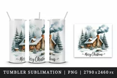 Watercolor cute cozy cabin smoke Merry Christmas quote New Year winter print 20oz tumbler skinny mug wrap clipart t-shirt sublimation printable design