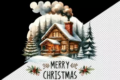 Watercolor cute cozy cabin smoke Merry Christmas quote New Year winter print 20oz tumbler skinny mug wrap clipart t-shirt sublimation printable design