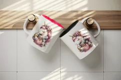 Watercolor cute cozy unicorn wearing warm scarf sipping hot cocoa print 20 oz tumbler skinny mug wrap clipart t-shirt sublimation printable design