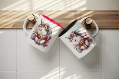 Watercolor cute cozy unicorn wearing warm scarf sipping hot cocoa print 20 oz tumbler skinny mug wrap clipart t-shirt sublimation printable design