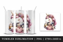 Watercolor cute cozy unicorn wearing warm scarf sipping hot cocoa print 20 oz tumbler skinny mug wrap clipart t-shirt sublimation printable design