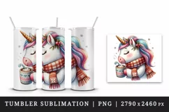 Watercolor cute cozy unicorn wearing warm scarf sipping hot cocoa print 20 oz tumbler skinny mug wrap clipart t-shirt sublimation printable design