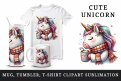 Watercolor cute cozy unicorn wearing warm scarf sipping hot cocoa print 20 oz tumbler skinny mug wrap clipart t-shirt sublimation printable design
