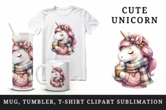 Watercolor cute cozy unicorn wearing warm scarf sipping hot cocoa print 20 oz tumbler skinny mug wrap clipart t-shirt sublimation printable design