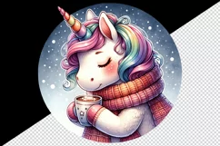 Watercolor cute cozy unicorn wearing warm scarf sipping hot cocoa print 20 oz tumbler skinny mug wrap clipart t-shirt sublimation printable design