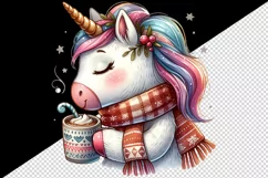Watercolor cute cozy unicorn wearing warm scarf sipping hot cocoa print 20 oz tumbler skinny mug wrap clipart t-shirt sublimation printable design