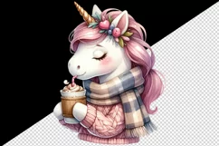Watercolor cute cozy unicorn wearing warm scarf sipping hot cocoa print 20 oz tumbler skinny mug wrap clipart t-shirt sublimation printable design