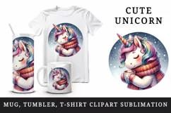 Watercolor cute cozy unicorn wearing warm scarf sipping hot cocoa print 20 oz tumbler skinny mug wrap clipart t-shirt sublimation printable design