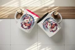 Watercolor cute cozy unicorn wearing warm scarf sipping hot cocoa print 20 oz tumbler skinny mug wrap clipart t-shirt sublimation printable design