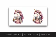 Watercolor cute cozy unicorn wearing warm scarf sipping hot cocoa print 20 oz tumbler skinny mug wrap clipart t-shirt sublimation printable design
