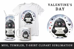 Watercolor cute crow sparkle hearts I Love You quote Valentine Day print 20 oz tumbler skinny mug wrap clipart t-shirt sublimation printable design