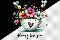 Watercolor cute cup flowers heart bees Always Love You Valentine Day print 20 oz tumbler skinny mug wrap clipart t-shirt sublimation printable design