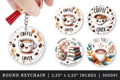 Watercolor cute cup of coffee and books autumn leaves splash coffee beans coffee lover quote print round keychain keychains sublimation design