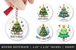 Watercolor cute decorated Christmas tree bubbles Merry and Bright Christmas quote New Year winter print round keychain keychains sublimation design