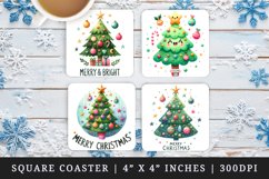 Watercolor cute decorated Christmas tree bubbles Merry and Bright Christmas quote New Year winter print square coaster mug coasters sublimation design