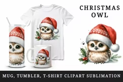 Watercolor cute delightful and endearing owl Santa hat Christmas print 20 oz tumbler skinny mug wrap clipart t-shirt sublimation printable design
