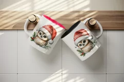 Watercolor cute delightful and endearing owl Santa hat Christmas print 20 oz tumbler skinny mug wrap clipart t-shirt sublimation printable design