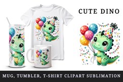 Watercolor cute dino dinosaur birthday party hat balloons confetti animal print tumbler skinny mug wrap clipart t-shirt sublimation printable design