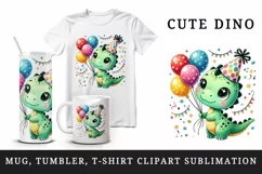 Watercolor cute dino dinosaur birthday party hat balloons confetti animal print tumbler skinny mug wrap clipart t-shirt sublimation printable design