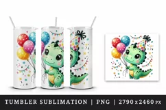 Watercolor cute dino dinosaur birthday party hat balloons confetti animal print tumbler skinny mug wrap clipart t-shirt sublimation printable design