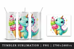 Watercolor cute dino dinosaur holding big ice cream cone scoops animal print 20oz tumbler skinny mug wrap clipart t-shirt sublimation printable design