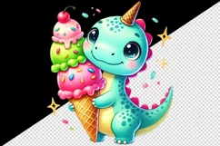 Watercolor cute dino dinosaur holding big ice cream cone scoops animal print 20oz tumbler skinny mug wrap clipart t-shirt sublimation printable design
