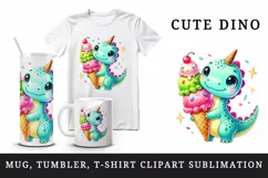 Watercolor cute dino dinosaur holding big ice cream cone scoops animal print 20oz tumbler skinny mug wrap clipart t-shirt sublimation printable design