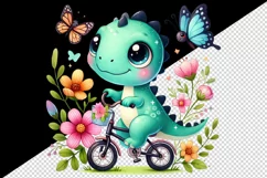 Watercolor cute dino dinosaur riding bicycle flowers butterfly animal print 20 oz tumbler skinny mug wrap clipart t-shirt sublimation printable design
