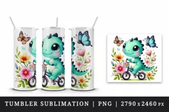 Watercolor cute dino dinosaur riding bicycle flowers butterfly animal print 20 oz tumbler skinny mug wrap clipart t-shirt sublimation printable design