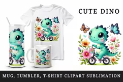 Watercolor cute dino dinosaur riding bicycle flowers butterfly animal print 20 oz tumbler skinny mug wrap clipart t-shirt sublimation printable design