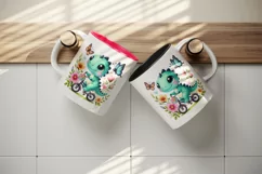 Watercolor cute dino dinosaur riding bicycle flowers butterfly animal print 20 oz tumbler skinny mug wrap clipart t-shirt sublimation printable design