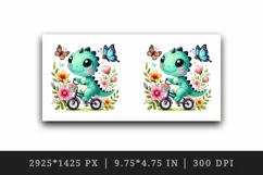 Watercolor cute dino dinosaur riding bicycle flowers butterfly animal print 20 oz tumbler skinny mug wrap clipart t-shirt sublimation printable design