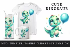 Watercolor cute dinosaur dino birthday party dancing with balloon print 20 oz tumbler skinny mug wrap clipart t-shirt sublimation printable design