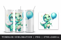 Watercolor cute dinosaur dino birthday party dancing with balloon print 20 oz tumbler skinny mug wrap clipart t-shirt sublimation printable design