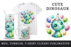 Watercolor cute dinosaur dino birthday party hat balloons confetti print 20 oz tumbler skinny mug wrap clipart t-shirt sublimation printable design