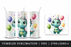 Watercolor cute dinosaur dino birthday party hat balloons confetti print 20 oz tumbler skinny mug wrap clipart t-shirt sublimation printable design