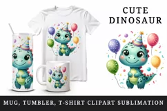 Watercolor cute dinosaur dino birthday party hat balloons confetti print 20 oz tumbler skinny mug wrap clipart t-shirt sublimation printable design