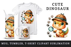 Watercolor cute dinosaur dino detective hat holding magnifying glass print 20 oz tumbler skinny mug wrap clipart t-shirt sublimation printable design