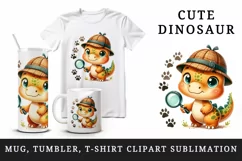 Watercolor cute dinosaur dino detective hat holding magnifying glass print 20 oz tumbler skinny mug wrap clipart t-shirt sublimation printable design