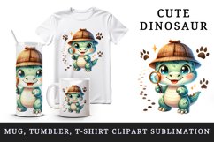 Watercolor cute dinosaur dino detective hat holding magnifying glass print 20 oz tumbler skinny mug wrap clipart t-shirt sublimation printable design