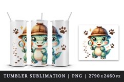 Watercolor cute dinosaur dino detective hat holding magnifying glass print 20 oz tumbler skinny mug wrap clipart t-shirt sublimation printable design