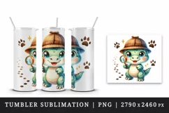 Watercolor cute dinosaur dino detective hat holding magnifying glass print 20 oz tumbler skinny mug wrap clipart t-shirt sublimation printable design