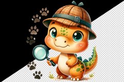 Watercolor cute dinosaur dino detective hat holding magnifying glass print 20 oz tumbler skinny mug wrap clipart t-shirt sublimation printable design