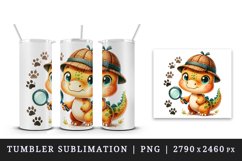 Watercolor cute dinosaur dino detective hat holding magnifying glass print 20 oz tumbler skinny mug wrap clipart t-shirt sublimation printable design