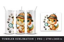 Watercolor cute dinosaur dino detective hat holding magnifying glass print 20 oz tumbler skinny mug wrap clipart t-shirt sublimation printable design