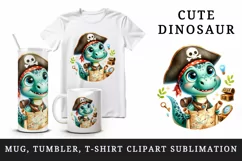 Watercolor cute dinosaur dino pirate with sparkle and treasure map print 20 oz tumbler skinny mug wrap clipart t-shirt sublimation printable design